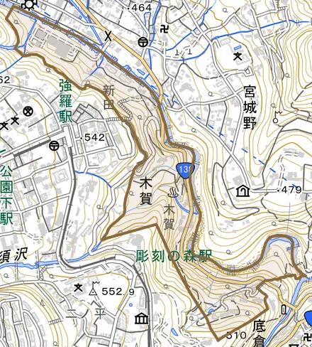 木賀とその周辺の地図。町の範囲を重ねている