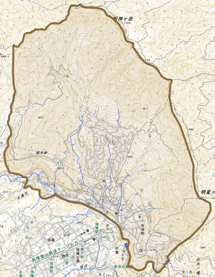 宮城野とその周辺の地図。町の範囲を重ねている