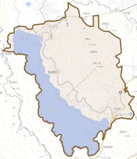 元箱根とその周辺の地図。町の範囲を重ねている