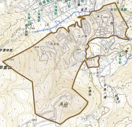 二ノ平とその周辺の地図。町の範囲を重ねている