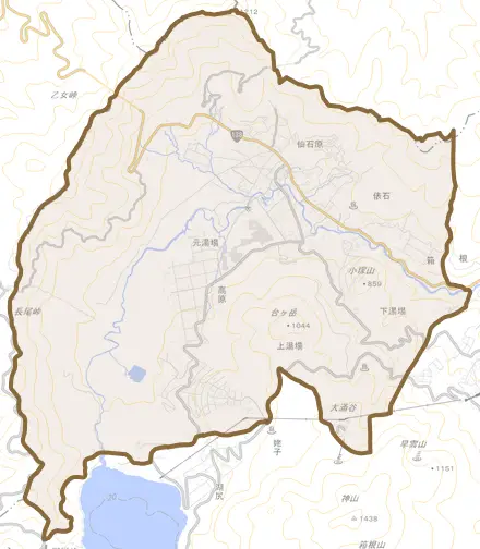 仙石原とその周辺の地図。町の範囲を重ねている