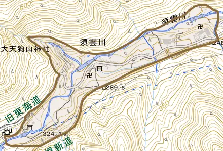 須雲川とその周辺の地図。町の範囲を重ねている
