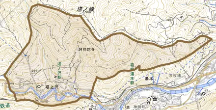 塔之澤とその周辺の地図。町の範囲を重ねている
