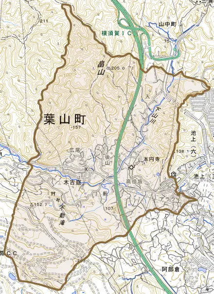 木古庭とその周辺の地図。町の範囲を重ねている