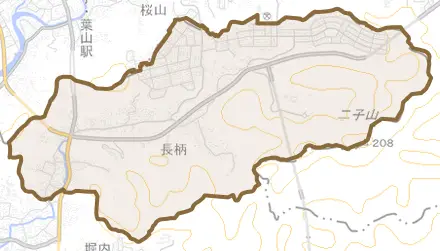 長柄とその周辺の地図。町の範囲を重ねている