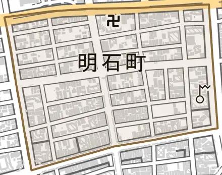 明石町とその周辺の地図。町の範囲を重ねている