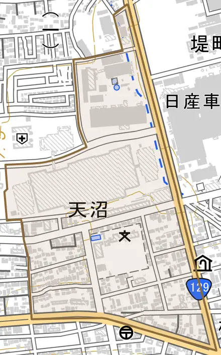 天沼とその周辺の地図。町の範囲を重ねている