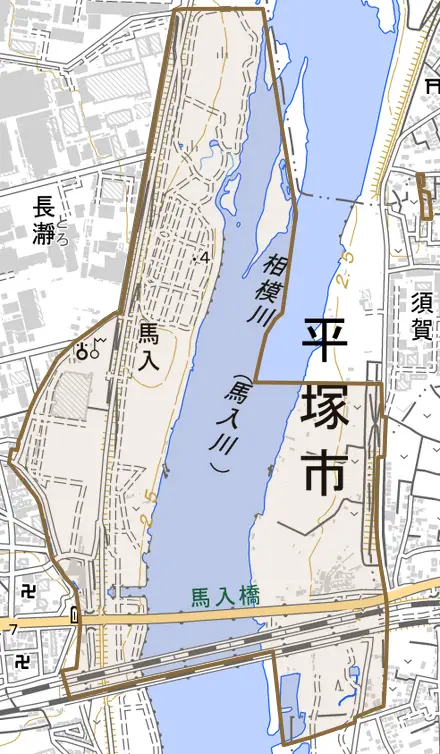 馬入とその周辺の地図。町の範囲を重ねている