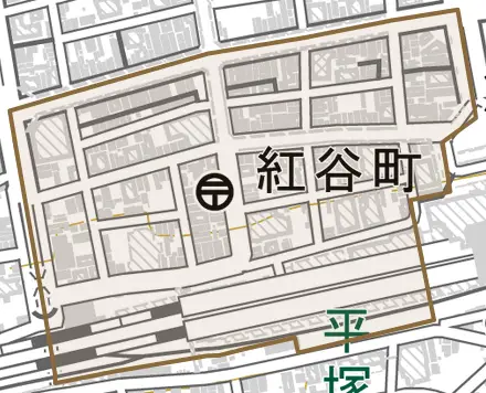 紅谷町とその周辺の地図。町の範囲を重ねている