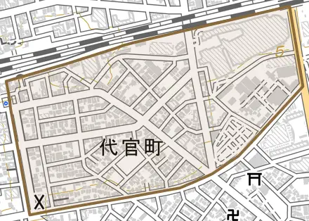 代官町とその周辺の地図。町の範囲を重ねている