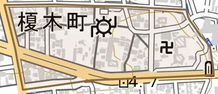 榎木町とその周辺の地図。町の範囲を重ねている
