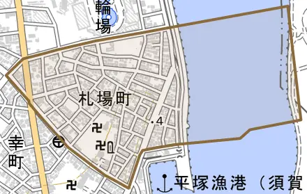 札場町とその周辺の地図。町の範囲を重ねている