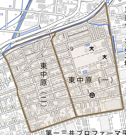 東中原とその周辺の地図。町の範囲を重ねている
