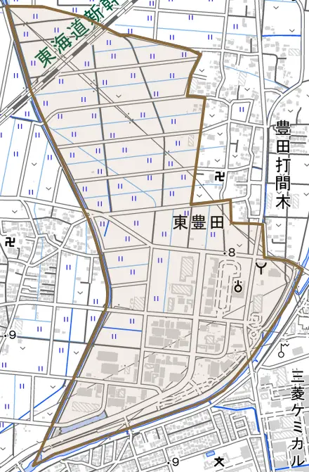 東豊田とその周辺の地図。町の範囲を重ねている