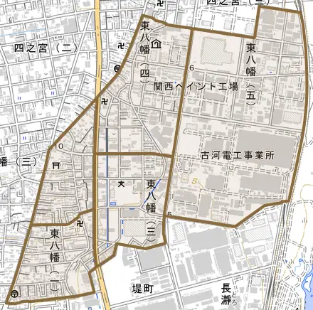 東八幡とその周辺の地図。町の範囲を重ねている