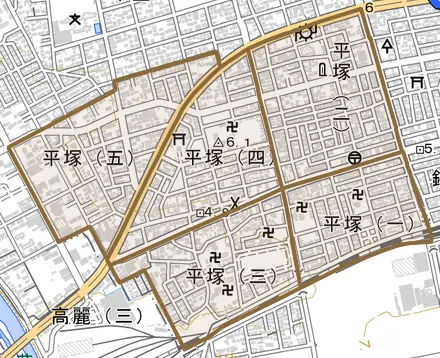 平塚とその周辺の地図。町の範囲を重ねている