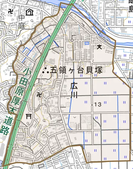 広川とその周辺の地図。町の範囲を重ねている