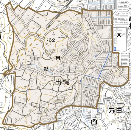 出縄とその周辺の地図。町の範囲を重ねている