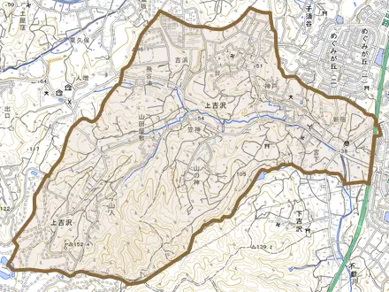 上吉沢とその周辺の地図。町の範囲を重ねている