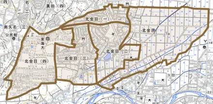 北金目とその周辺の地図。町の範囲を重ねている