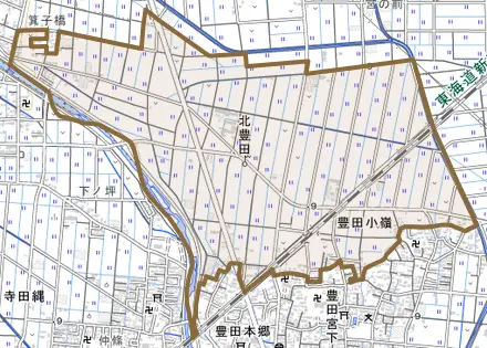 北豊田とその周辺の地図。町の範囲を重ねている