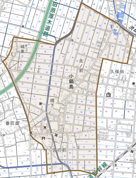 小鍋島とその周辺の地図。町の範囲を重ねている