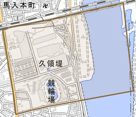 久領堤とその周辺の地図。町の範囲を重ねている