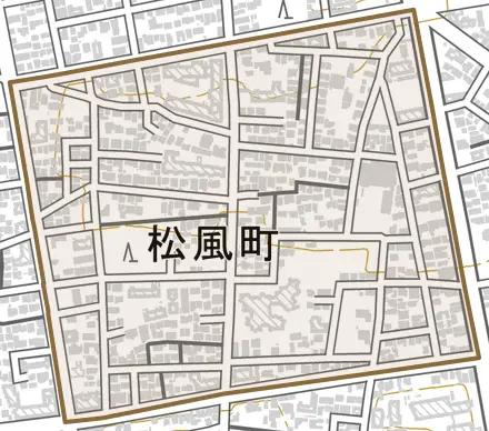 松風町とその周辺の地図。町の範囲を重ねている