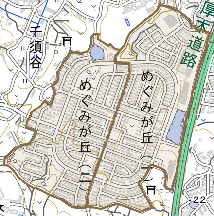 めぐみが丘とその周辺の地図。町の範囲を重ねている