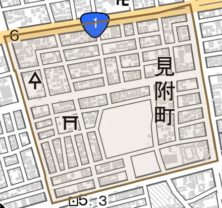 見附町とその周辺の地図。町の範囲を重ねている