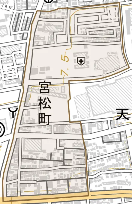 宮松町とその周辺の地図。町の範囲を重ねている