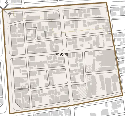 宮の前とその周辺の地図。町の範囲を重ねている