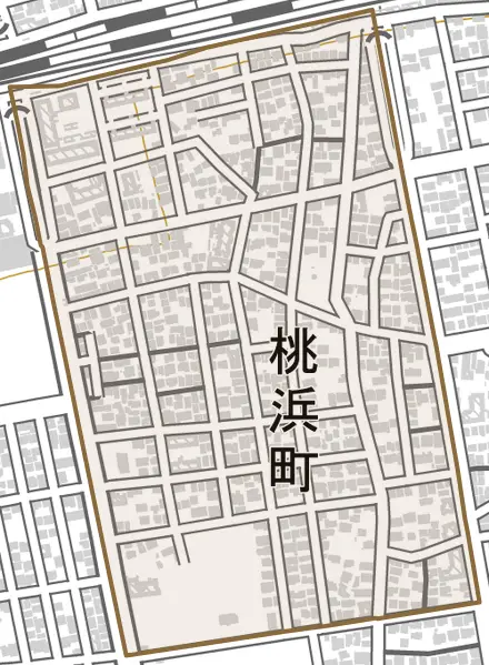 桃浜町とその周辺の地図。町の範囲を重ねている