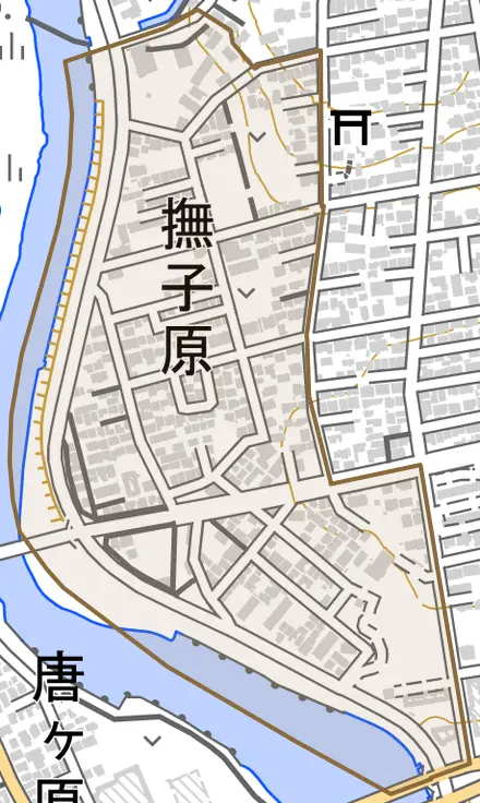 撫子原とその周辺の地図。町の範囲を重ねている