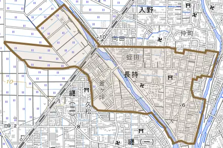 長持とその周辺の地図。町の範囲を重ねている