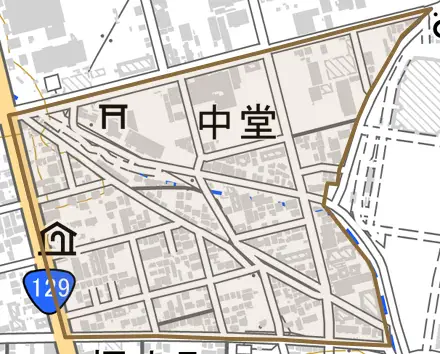 中堂とその周辺の地図。町の範囲を重ねている