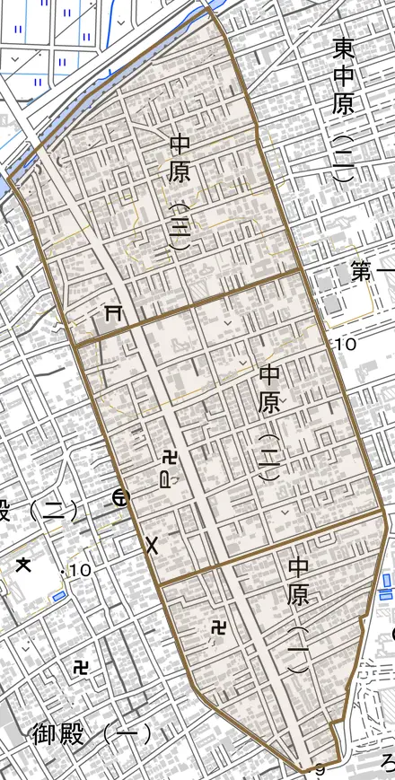 中原とその周辺の地図。町の範囲を重ねている