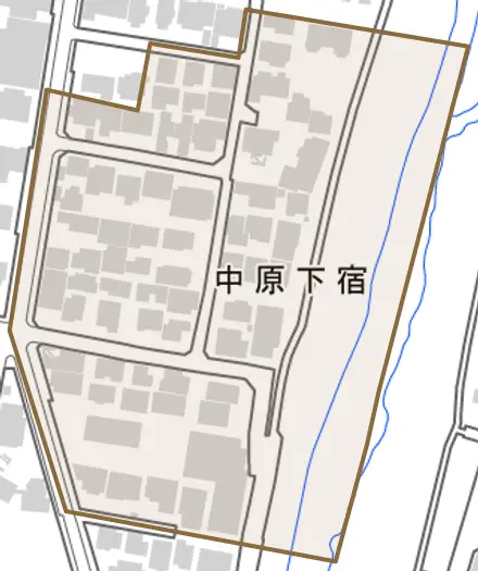 中原下宿とその周辺の地図。町の範囲を重ねている
