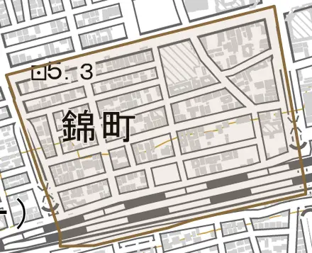 錦町とその周辺の地図。町の範囲を重ねている
