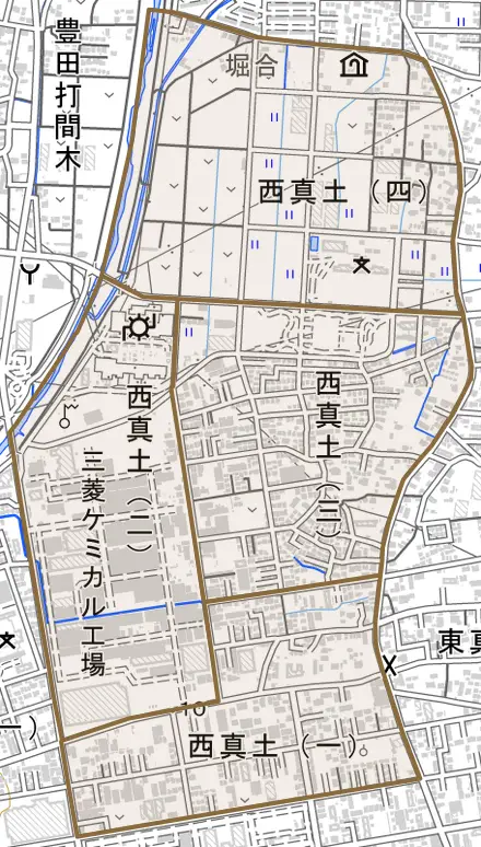 西真土とその周辺の地図。町の範囲を重ねている