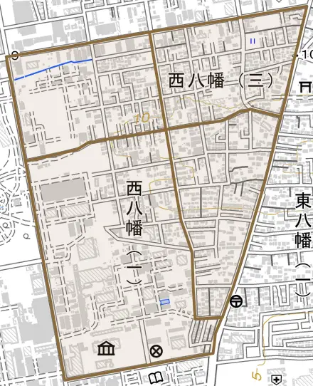 西八幡とその周辺の地図。町の範囲を重ねている