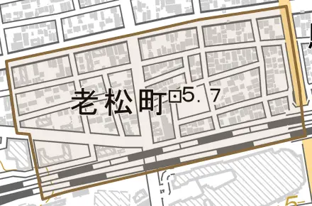 老松町とその周辺の地図。町の範囲を重ねている