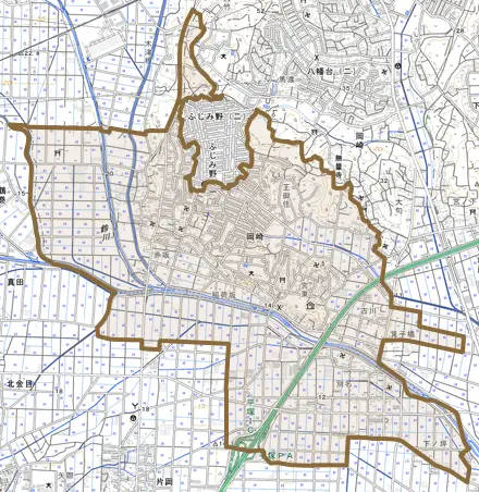 岡崎とその周辺の地図。町の範囲を重ねている