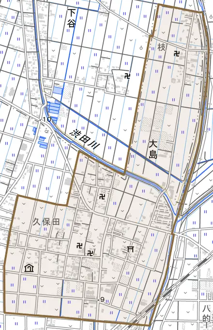 大島とその周辺の地図。町の範囲を重ねている