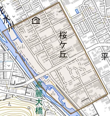 桜ケ丘とその周辺の地図。町の範囲を重ねている