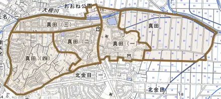 真田とその周辺の地図。町の範囲を重ねている