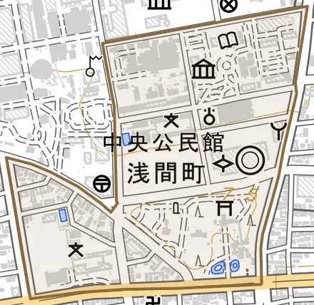 浅間町とその周辺の地図。町の範囲を重ねている