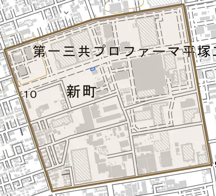 新町とその周辺の地図。町の範囲を重ねている