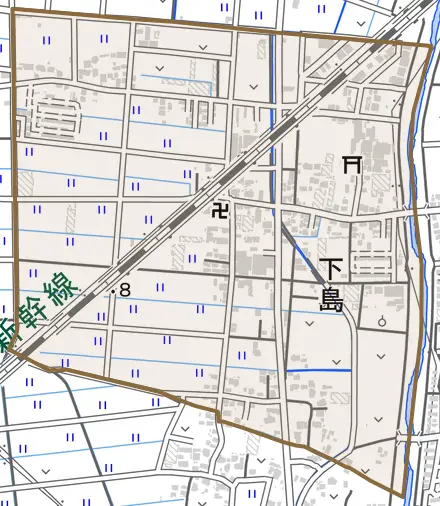下島とその周辺の地図。町の範囲を重ねている