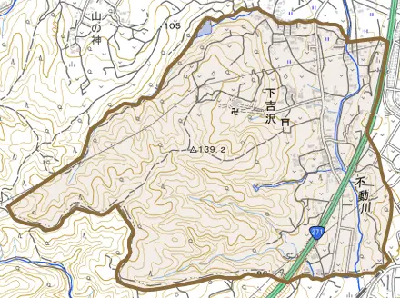 下吉沢とその周辺の地図。町の範囲を重ねている